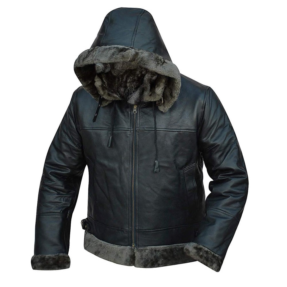 Aviator Black Removable Hood Shearling Sheepskin Leather Jacket for Men