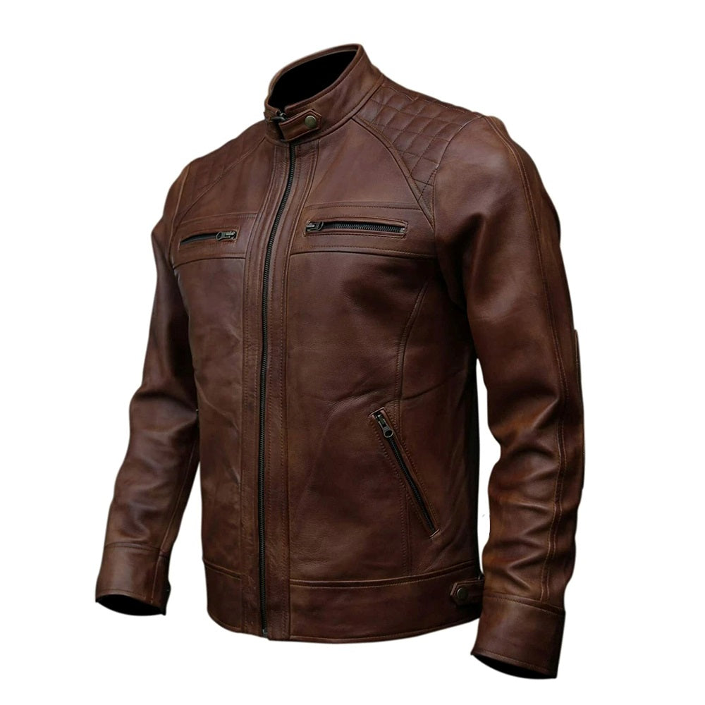 Brown Stand-up Collar Genuine Sheepskin Diamond Leather Biker Jacket For Men
