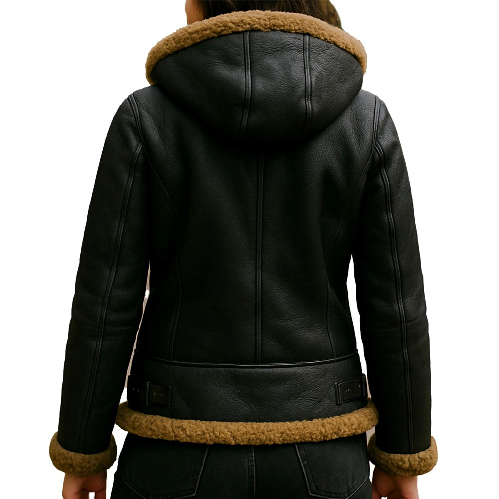 B3 Hooded Bomber Faux Shearling Sheepskin Leather Jackets for Women